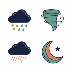 Fototapeta premium Icons depict mixed precipitation, a powerful tornado, a dark rain cloud, and a crescent moon with a star.