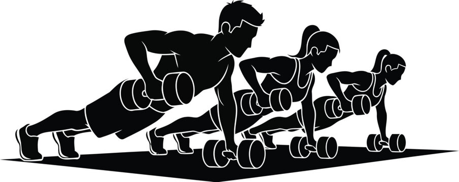 Silhouette of Group Doing Push Up Exercise, Fitness Training and Strength Workout Concept