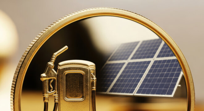 Oil prices and energy transition symbolized by golden fuel pump and solar panel reflecting through magnifying glass