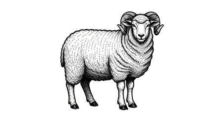Ram illustration, hand-drawn sheep with curled horns, farm animal, vintage sketch © Fiji
