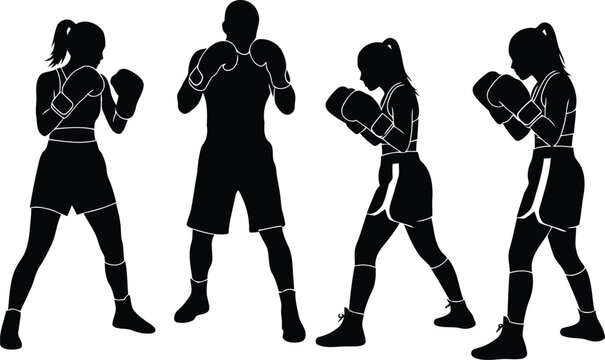 Female Boxing Silhouette Poses Set, Black Athletic Fighters Isolated on White Background