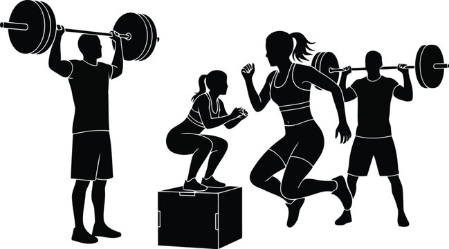 Fitness training silhouettes with people lifting barbells, squats and strength workout exercise isolated on white
