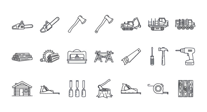 Woodworking Tools and Equipment Line Icons Set