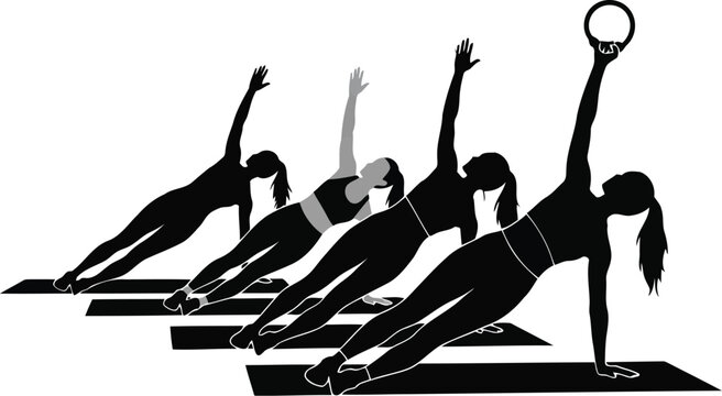 Group of Women Practicing Yoga Silhouette in Side Plank Pose on Mats