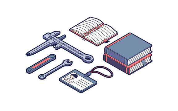 A collection of engineering tools and academic books, representing learning and technical skill.