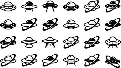 UFO and alien spaceship icon set, flying saucer silhouettes in multiple styles © Mizanur