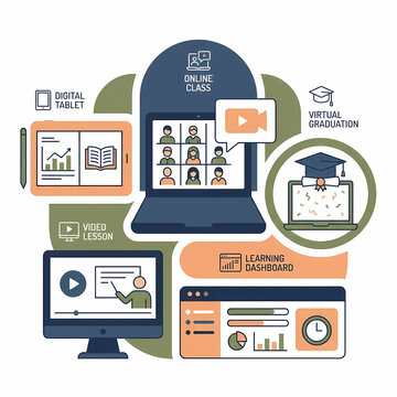 Detailed infographic visualizes online education, featuring digital tablets, laptops, video lessons, and virtual graduation, highlighting modern learning experiences for students.
