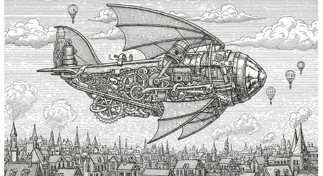 Intricate steampunk airship with elaborate gears and wings flying over an old-world city, rendered in a detailed woodcut vector illustration