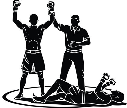 Boxing referee raising winner&rsquo;s hand over defeated opponent silhouette illustration