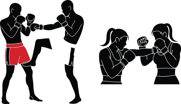 Muay Thai Kickboxing Silhouettes of Fighters Training and Sparring on White Background