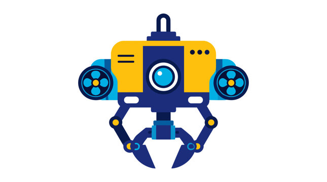 Blue yellow industrial robot with clawed arms.