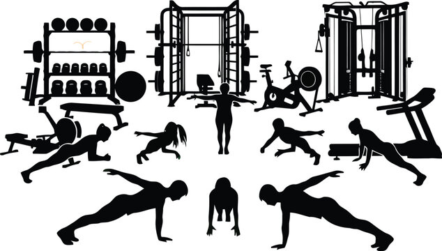 Fitness gym workout silhouettes with exercise equipment, running, lifting and training poses isolated on white