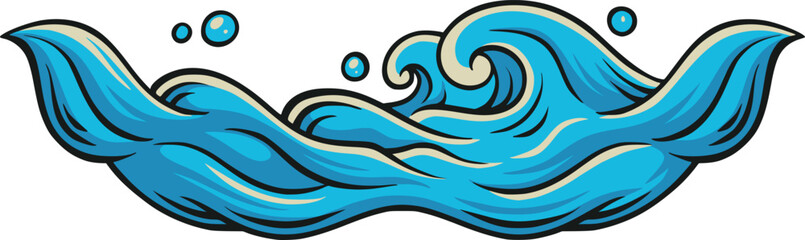 Hand-drawn curling blue ocean wave with rolling foam, layered water streaks and scattered droplets, isolated on white for marine, surfing, summer, and coastal design themes © Galih