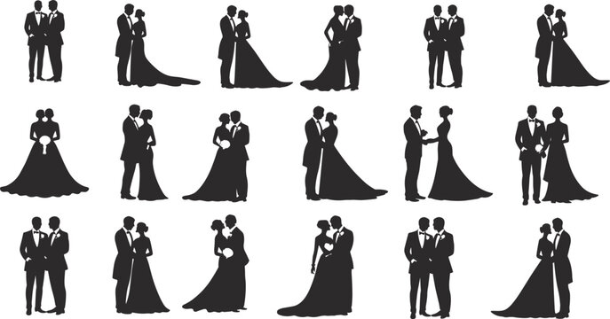 Wedding couple silhouette set &mdash; romantic poses of bride and groom in formal attire for ceremony, design