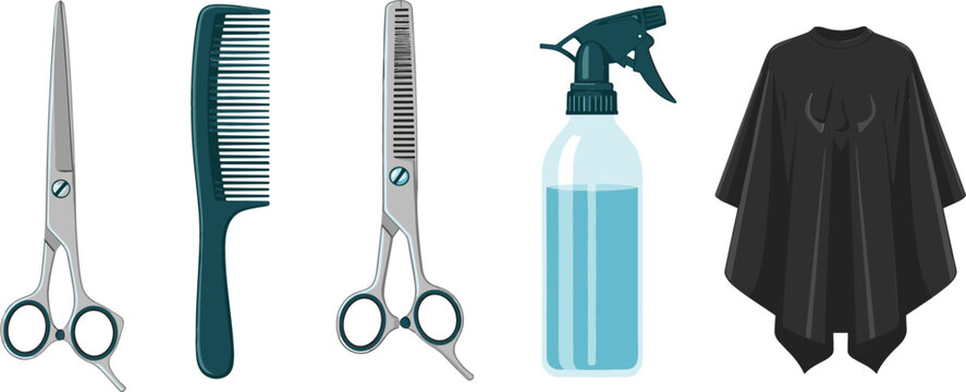 Hair Salon and Barber Shop Tools Vector Icon Set Featuring Cutting Scissors Thinning Shears Comb Spray Bottle and Black Cape for Hairdresser Styling Designs