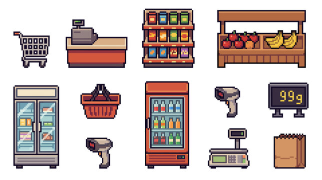 Cute Pixel Art Supermarket and Grocery Store Sprite Sheet Retro 8 Bit Assets
