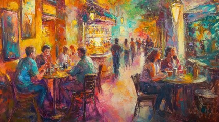 Fototapeta premium Colorful painting of people dining and socializing in an outdoor pub at night
