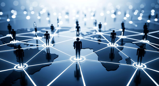 Global network connection concept with human figures on world map background