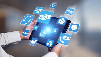Obraz premium FAQ and online help icons show question, answer, and support system. FAQ improves online help experience, customer service quality, and FAQ knowledge access. Gist