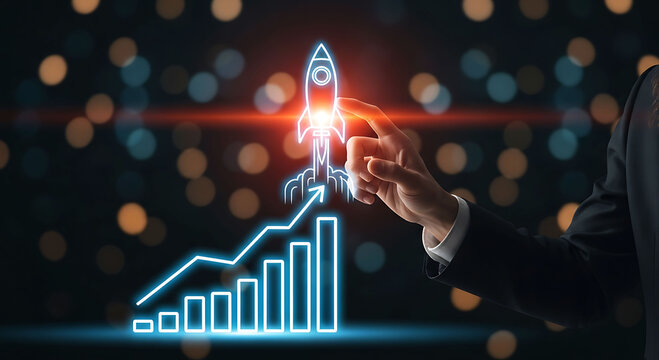 Business growth and startup success concept with rocket launch and financial chart