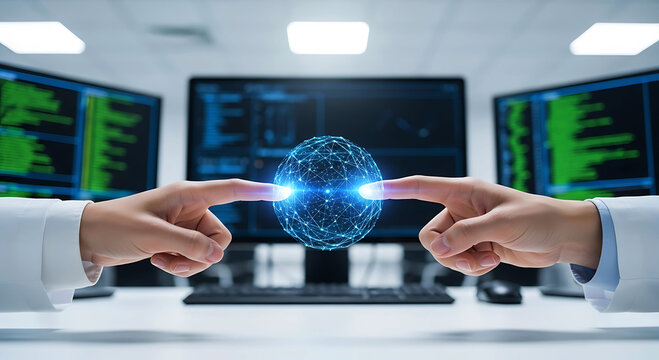 Two hands touching global digital network sphere in high tech laboratory background