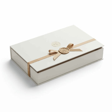 Elegant white gift box with beige ribbon and wax seal