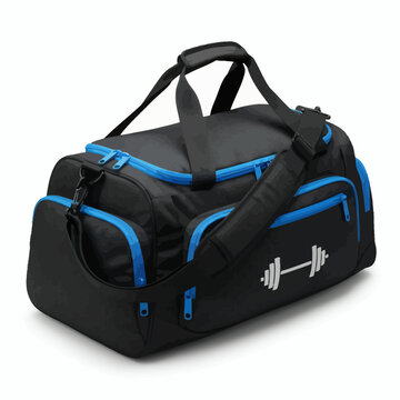 Sporty black gym bag with blue accents and barbell icon