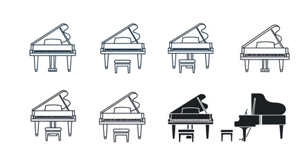 Naklejka premium Grand Piano Vector Icons Set, Silhouette and Outline Styles