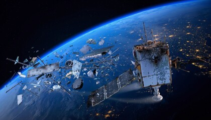 Naklejka premium Earth Orbit Crowded with Satellite Debris and Space Junk Technology Crisis, Ai generated