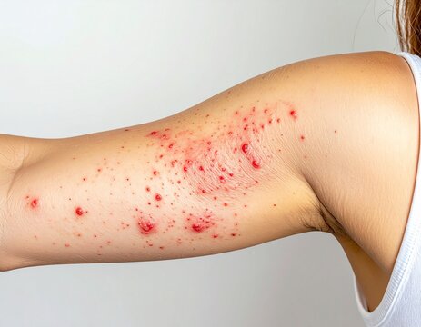Close up of red papular skin rash on upper arm.
