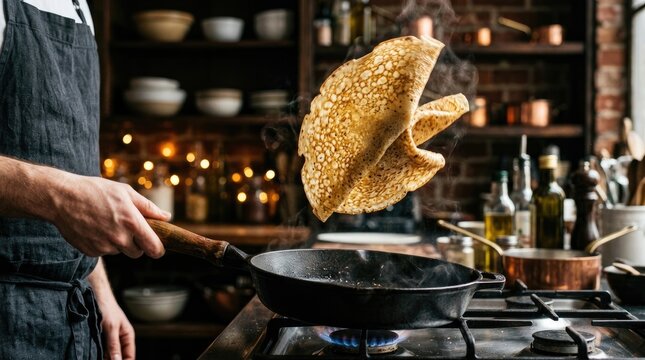 Man cooking crepe in kitchen