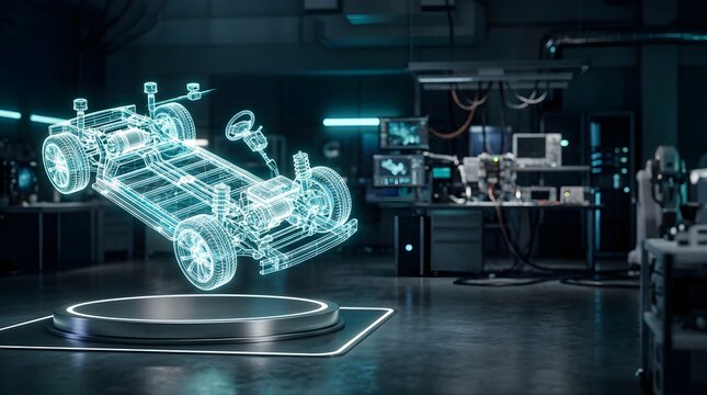 Digital 3D wireframe model of an electric vehicle platform in a lab