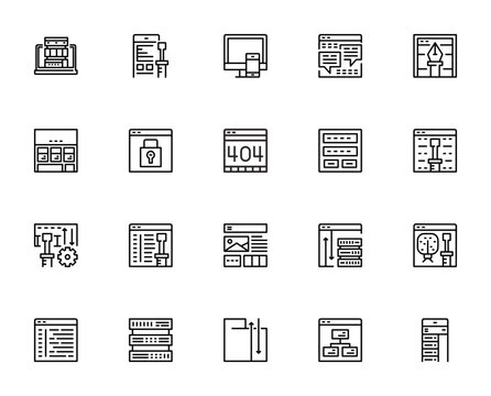 Web Design and Programming icon set. Minimalist vector icons pack. Includes symbols for Database, Development, Responsive, Browser, Web design, Web security, 404 error, Login, Web development, Website