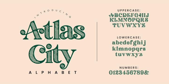 Atlas City Font Striped Inline Engraved Serif Retro Travel Banner Typography Vector Set