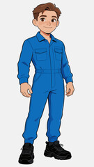 Fototapeta premium Cartoon Young Male Worker in Blue Coveralls