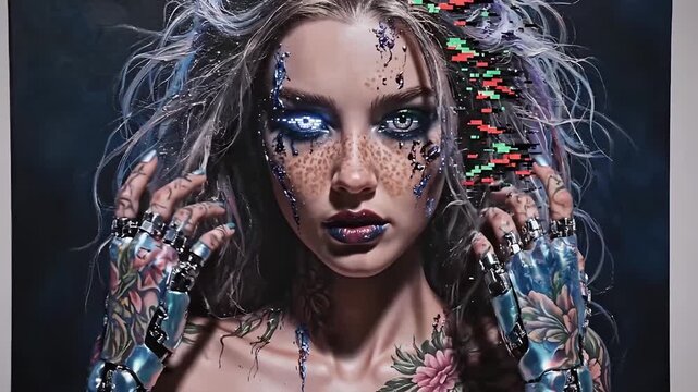 Cyborg woman with digital glitch effect and floral robotic hands. 4K