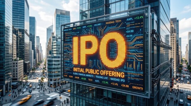 Large IPO sign on a building in a city