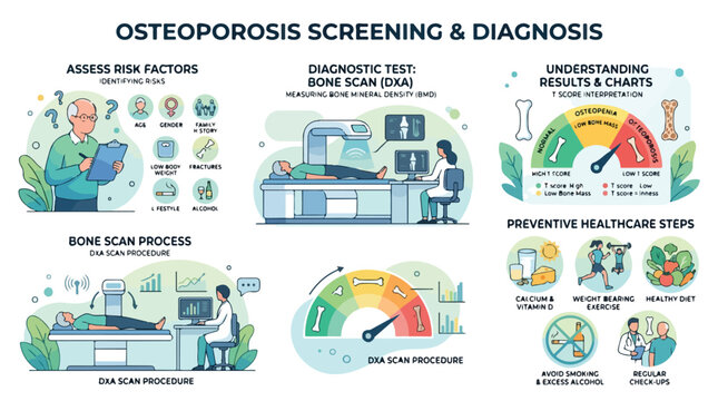 Infographic titled Osteoporosis Screening and Diagnosis with five sections on assessing risk factors, diagnostic tests, bone scan results, bone scan process, and preventive healthcare steps.
