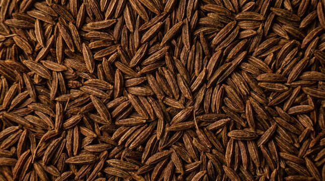 Macro background of dried cumin seeds featuring rich brown textures and organic patterns for culinary concepts and healthy cooking ingredients photography