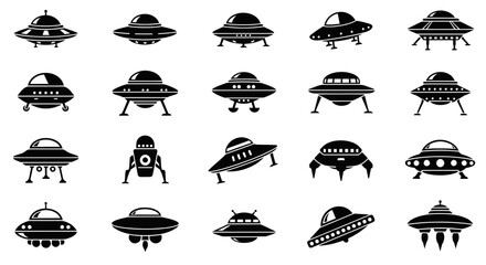 Collection of Black and White UFO Flying Saucer Icons © Fredik