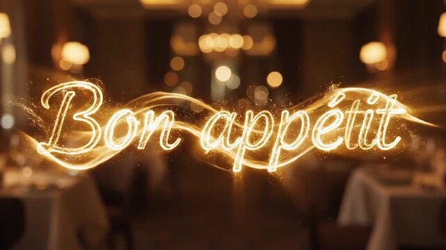Elegant "Bon app&eacute;tit" text overlay with glowing golden swirls above a softly blurred upscale restaurant dining room.