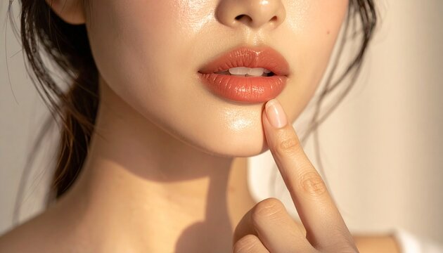 保湿リップバームを塗る美容ケアと健康的な唇・顔なし下半顔構図 / Japanese Woman Lower Face Macro &mdash; Nourishing Lip Balm Application, Plump Hydrated Lips, Lip Care Beauty Wellness, Dewy Finish, Cinematic Close-Up, No Full Face