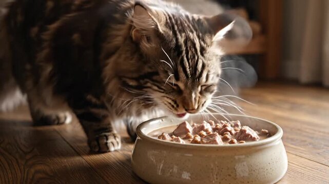 A fluffy Maine Coon cat with striking tabby markings eagerly devours its wet food from a ceramic bowl on a wooden floor.