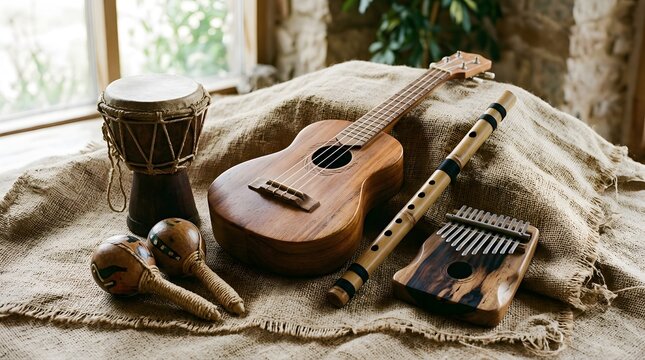 Assortment of folk musical instruments djembe, ukulele, kalimba, maracas, flute, arranged on rustic fabric, symbolizing cultural melodies