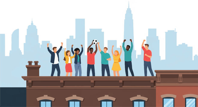 A diverse group of friends cheering on a Brooklyn-style brownstone rooftop, holding a soccer ball, urban skyline silhouette in the background, bright daylight, minimalist flat vector artwork,