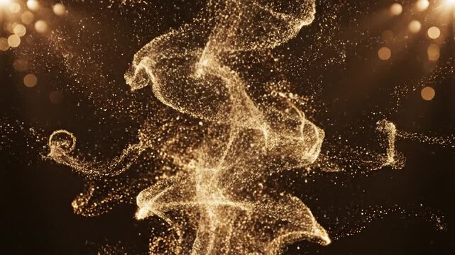 Abstract swirling golden particles forming an ethereal, dynamic cloud against a dark background with bokeh lights.