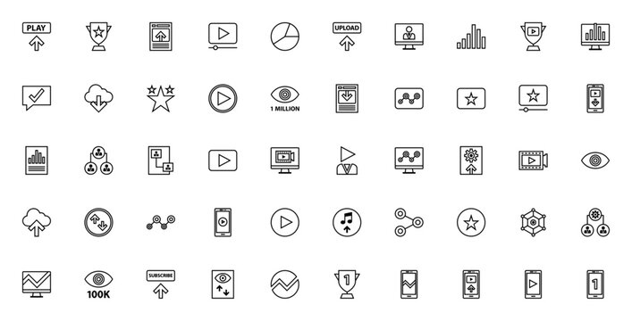 Content creator glyph icon set. Minimal vector icons pack. Includes symbols for play button, trophy, video player, analytics, youtube, smartphone, share, subscribe, views, and more. Editable vector st