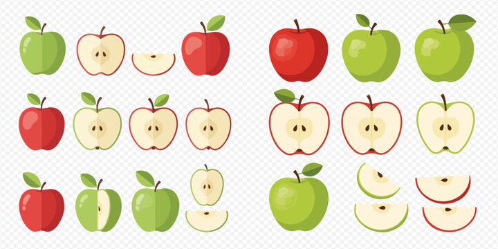 Collection of red and green apples, whole and sliced, showcasing fresh fruit varieties on a transparent background.