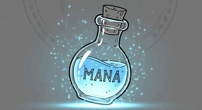 Glowing blue mana potion bottle.