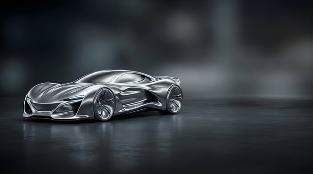 Silver metallic concept car prototype on a dark studio background